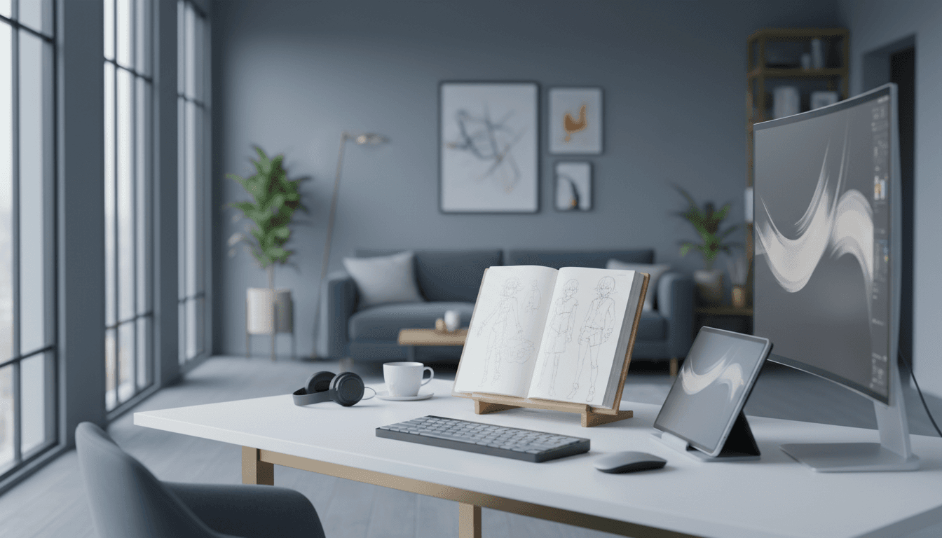 Modern studio workspace with anime sketches and natural lighting