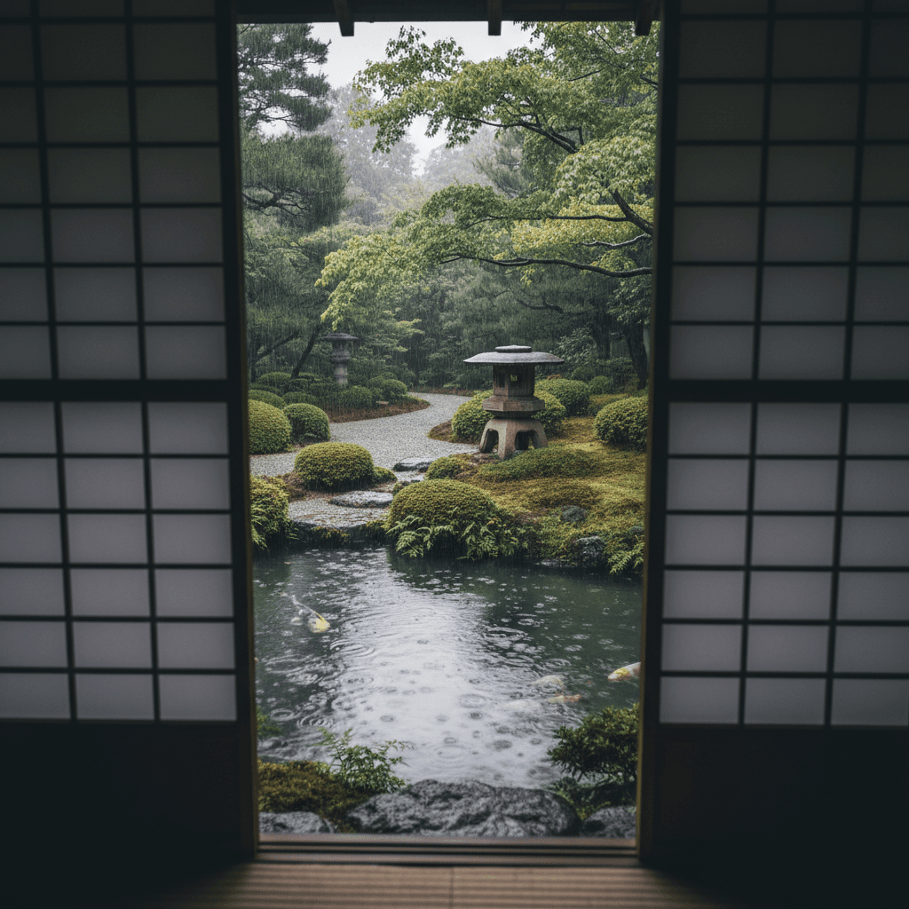 Traditional Japanese garden with stone lantern and koi pond viewed through shoji screen in rain