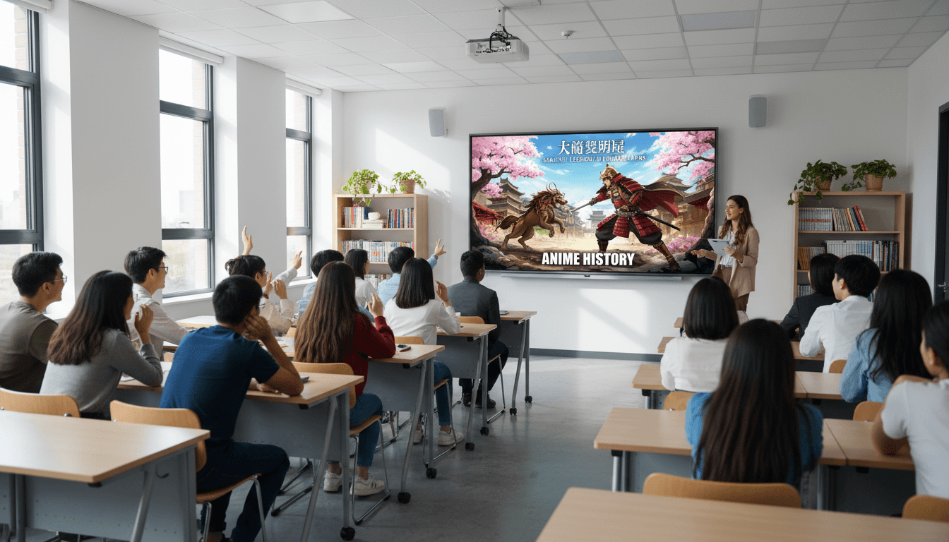 Classroom with anime history lesson on projector screen