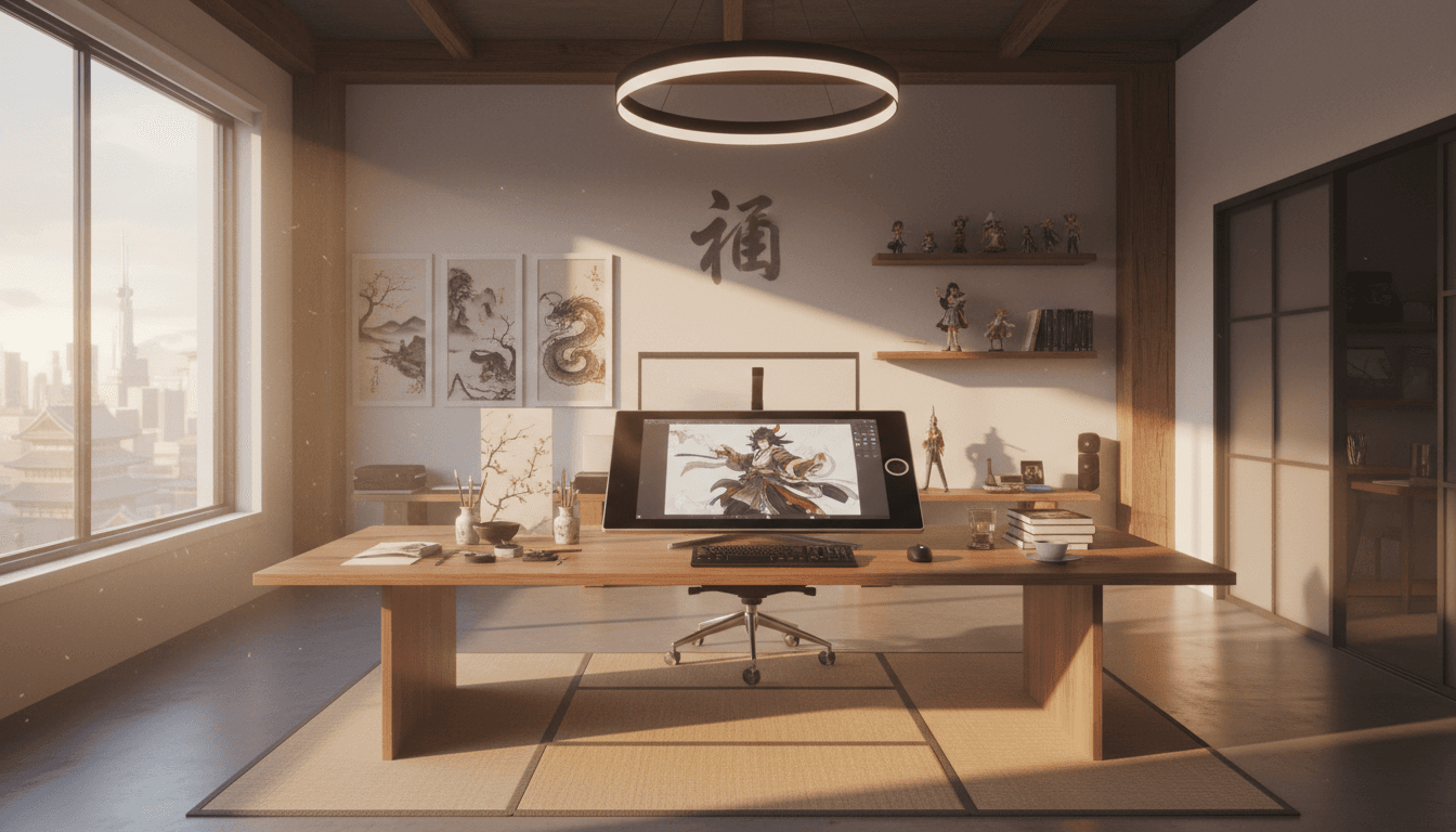Anime production workspace with digital tablet and ink wash painting