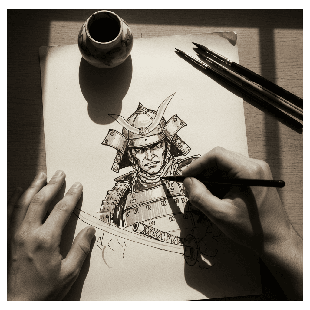 Overhead shot of animator's hands sketching a samurai character with brush pen on paper