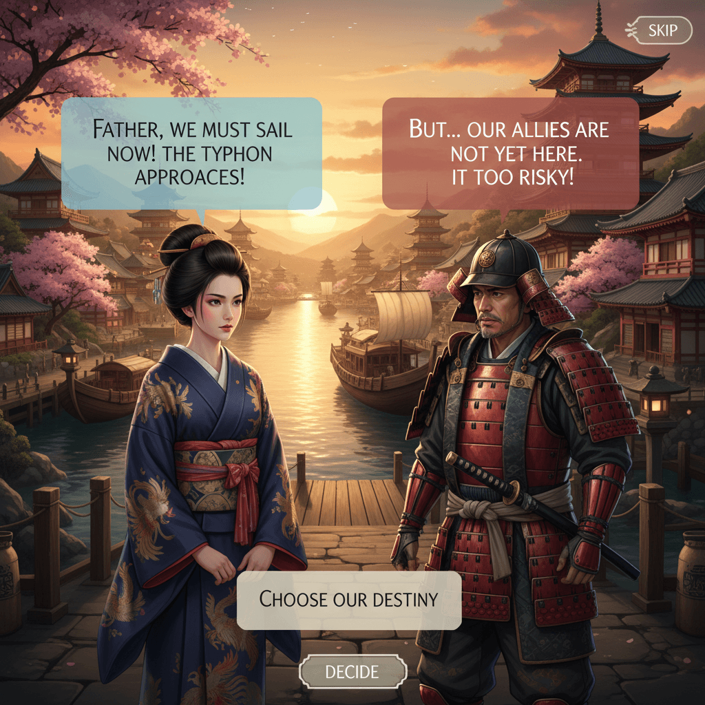 App story screen with dialogue bubbles during a port scene