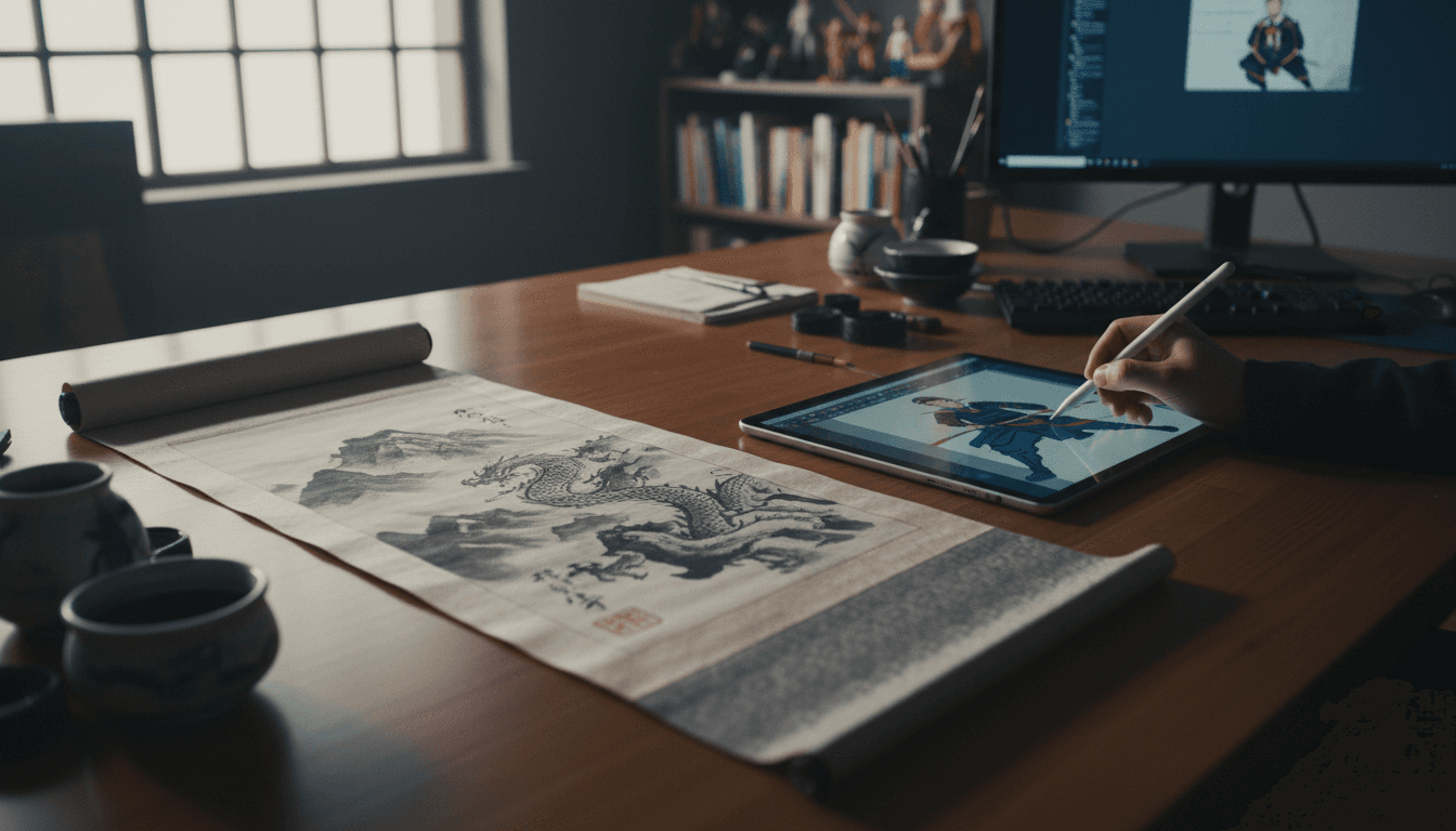 Animation desk with traditional ink painting and digital tablet showing character sketch