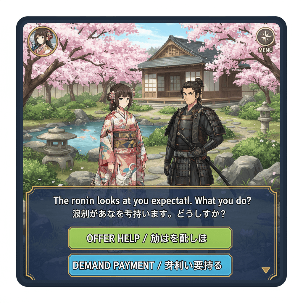 App screen showing a decision point in a Japanese historical scene