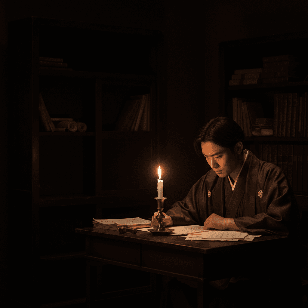 Young man in Meiji-era kimono studying documents by candlelight in a dim study