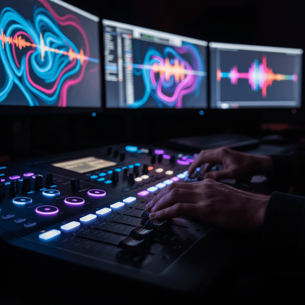 A sound designer mixing ambient audio on a digital audio workstation