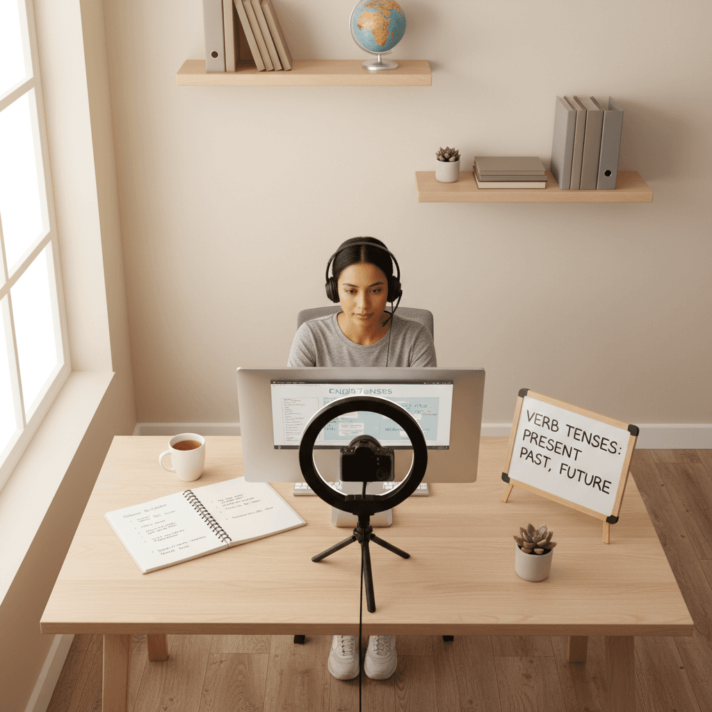 A female Japanese language instructor recording a voiceover in a sound booth