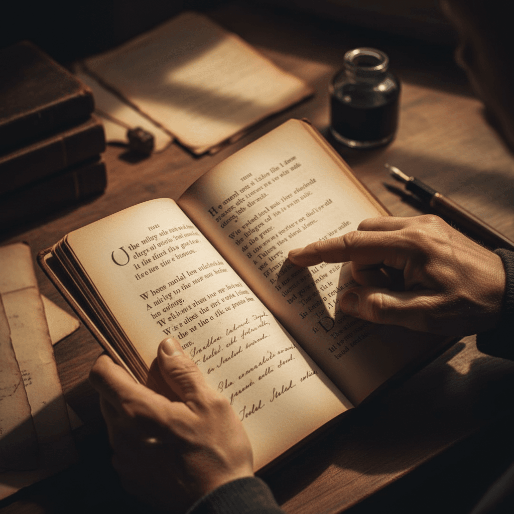 Two pairs of hands interacting with an open manga volume under desk lamp light