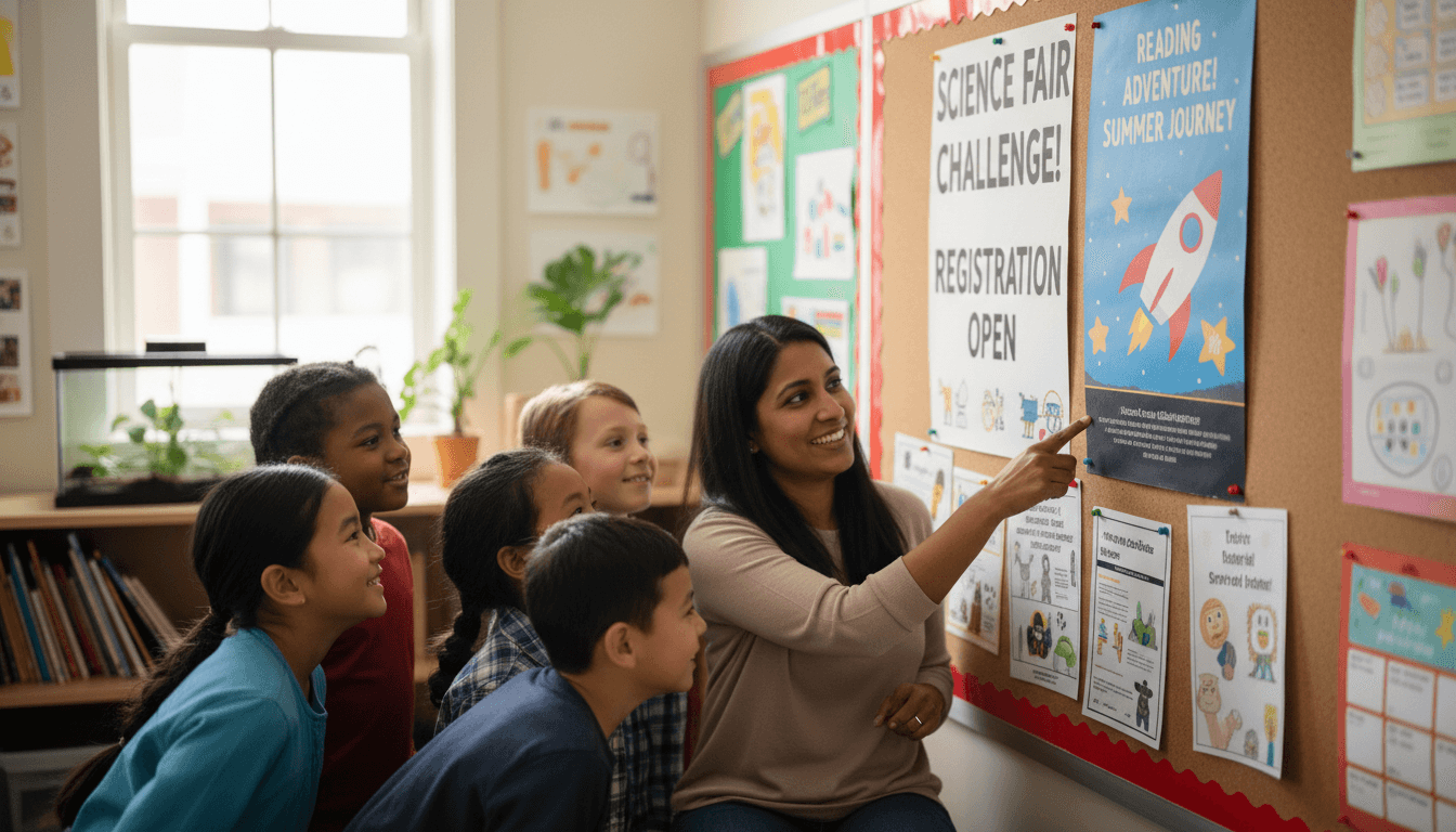 Teachers evaluating manga competition entries on a bulletin board