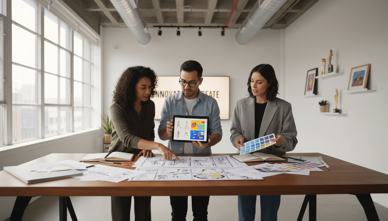 A collaborative storyboarding session with three team members around a table