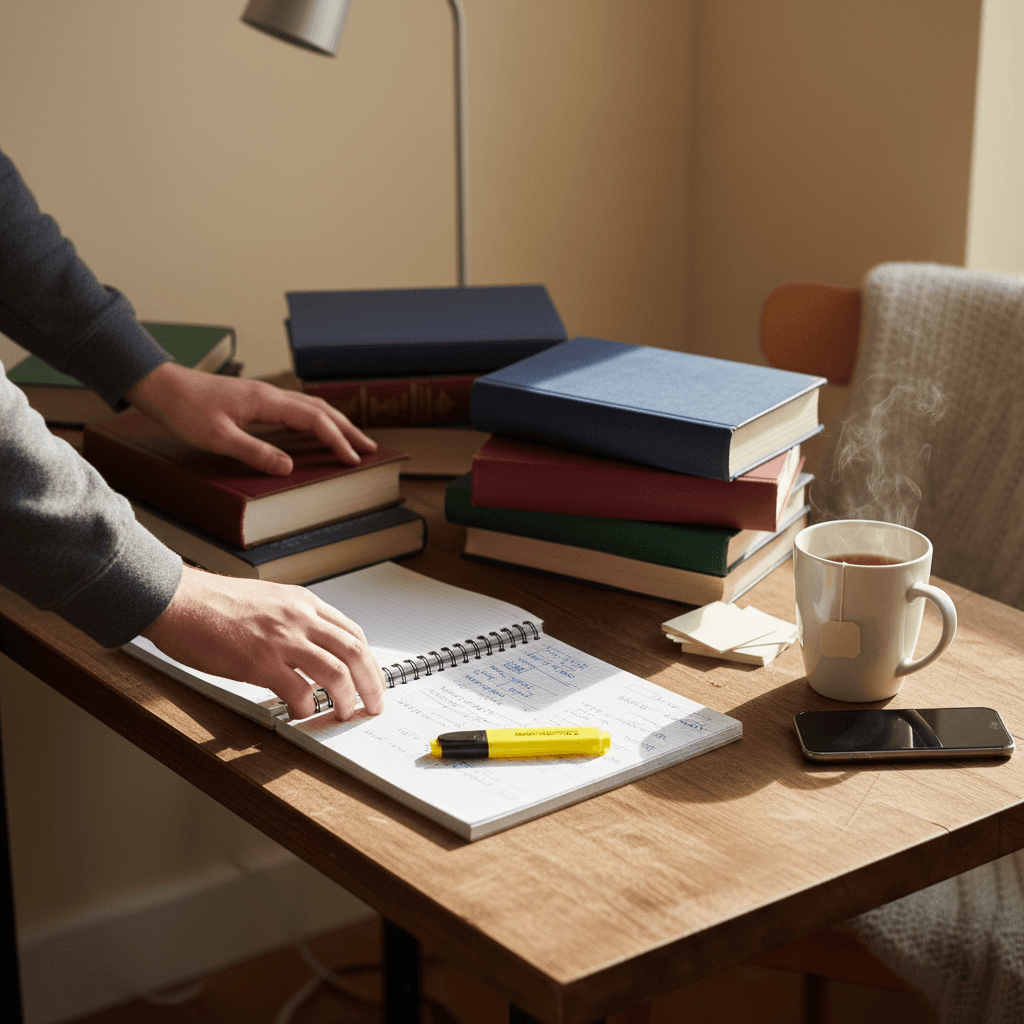 Student desk with sketchbook and art supplies during a competition