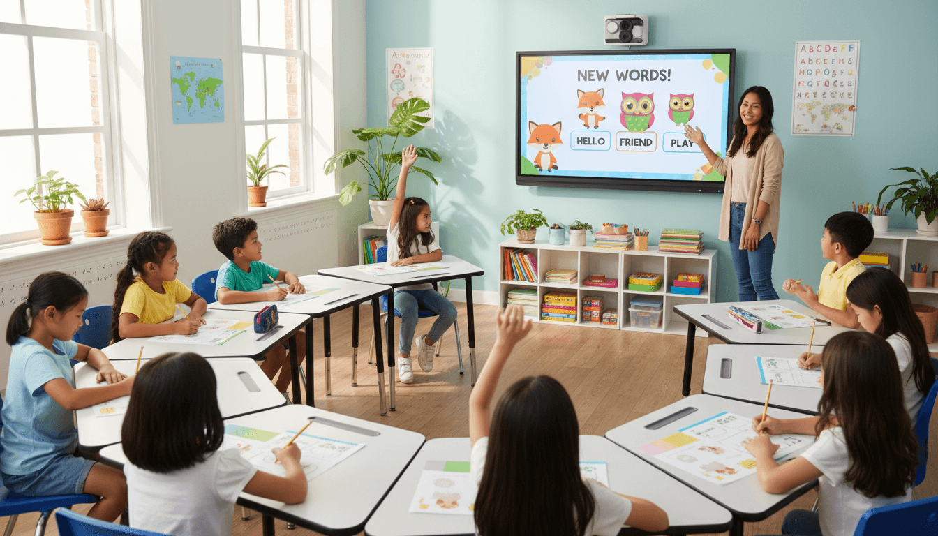 Classroom with anime history lesson on projector screen