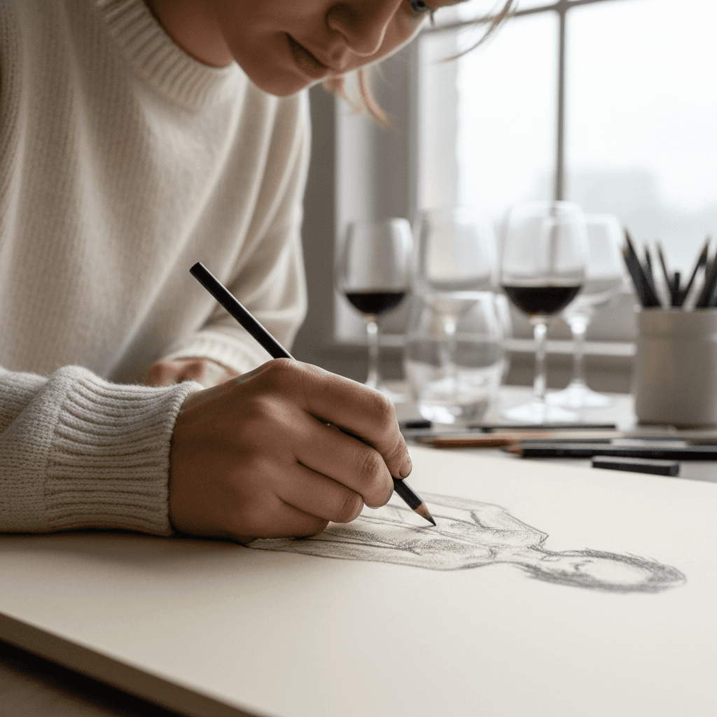 Artist sketching anime character design on lightbox with reference photos