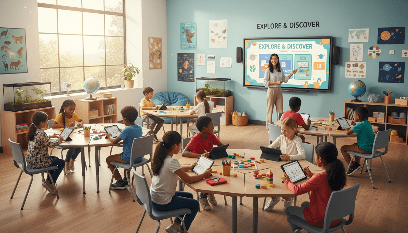 Students in a classroom watching an animated historical story on a large screen