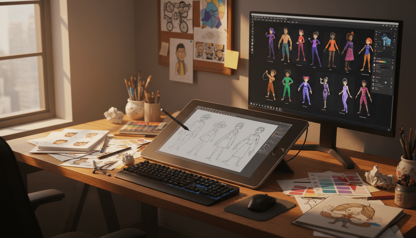 Animation desk with storyboards and pencil sketches in a dim creative studio