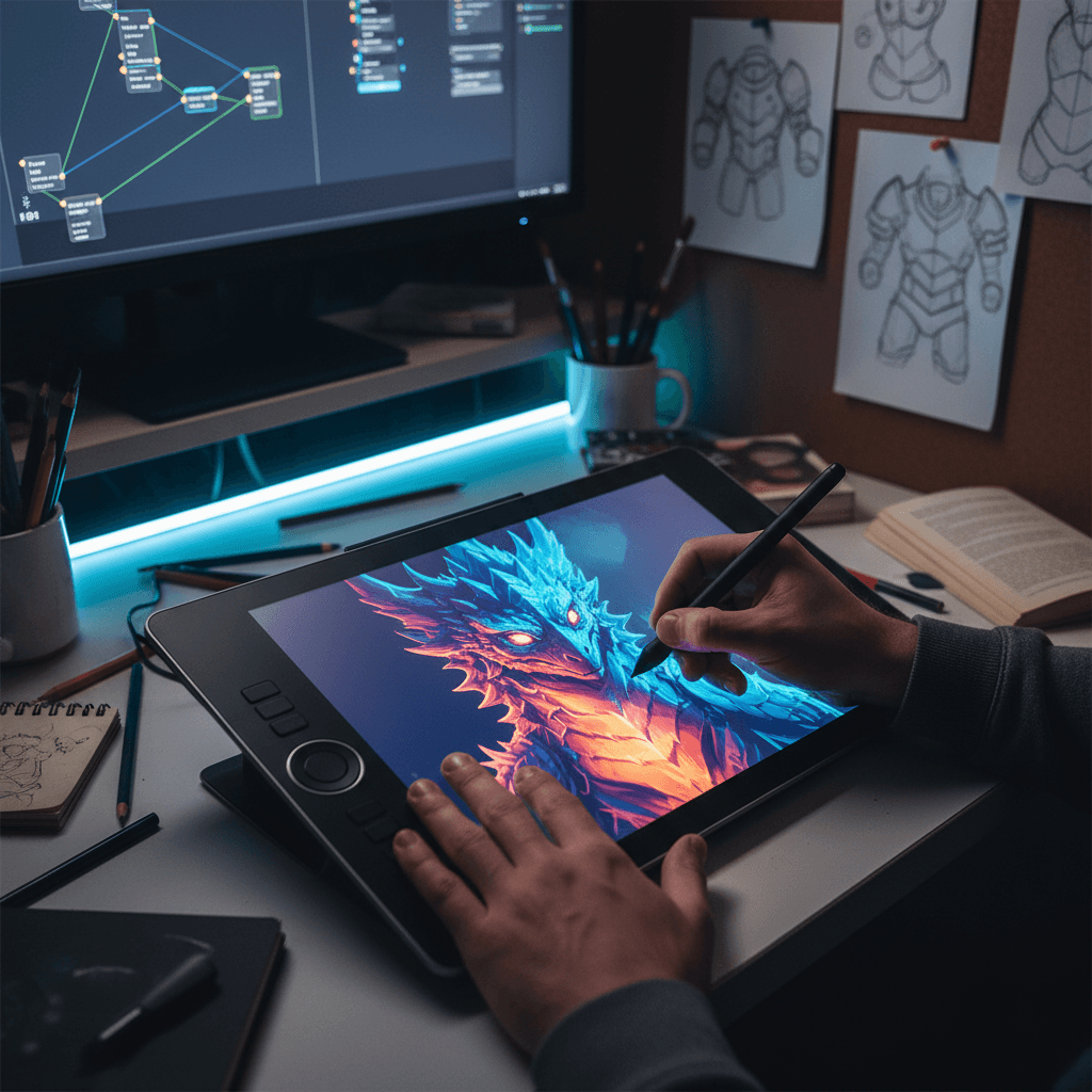 A character designer reviewing samurai sketches on a tablet