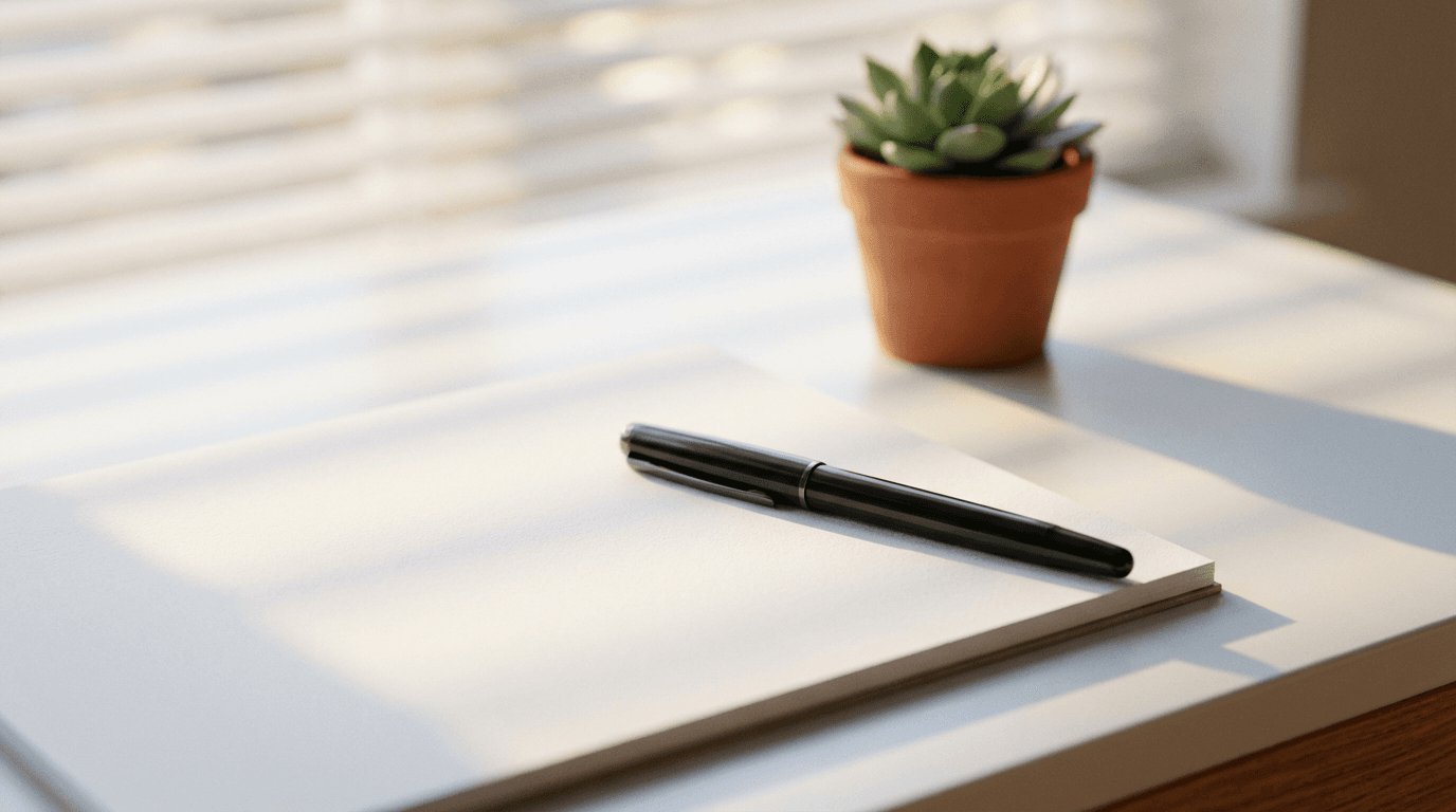 Minimalist studio space with traditional Japanese ink brushes and a tablet showing anime storyboard art