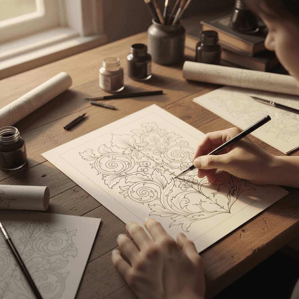Hand drawing a samurai character with ink on paper in a studio
