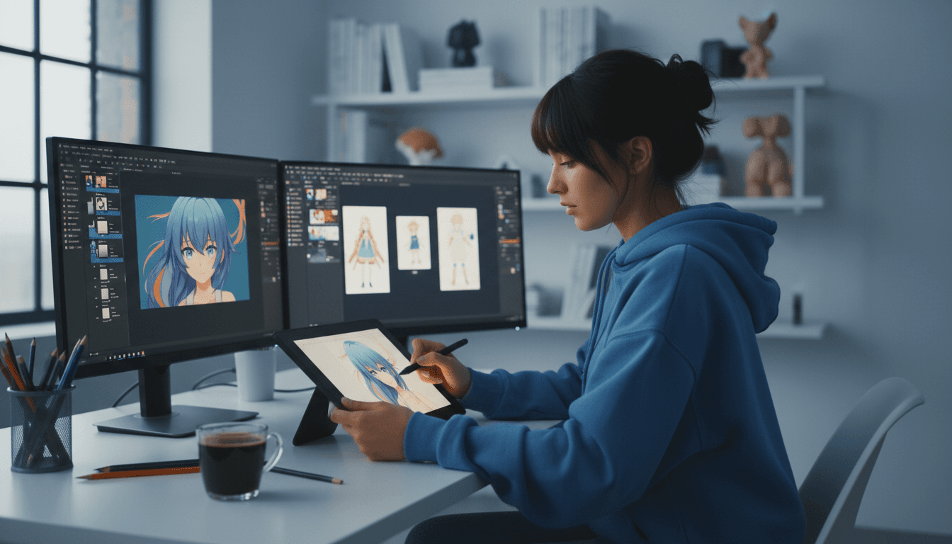 Cinematic shot of an anime studio workspace with character concept art on a monitor and manga sketches on the desk