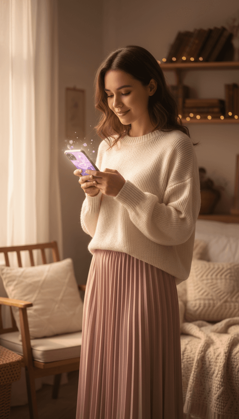 Smartphone displaying an anime-style interactive story scene held by a person in a cozy room