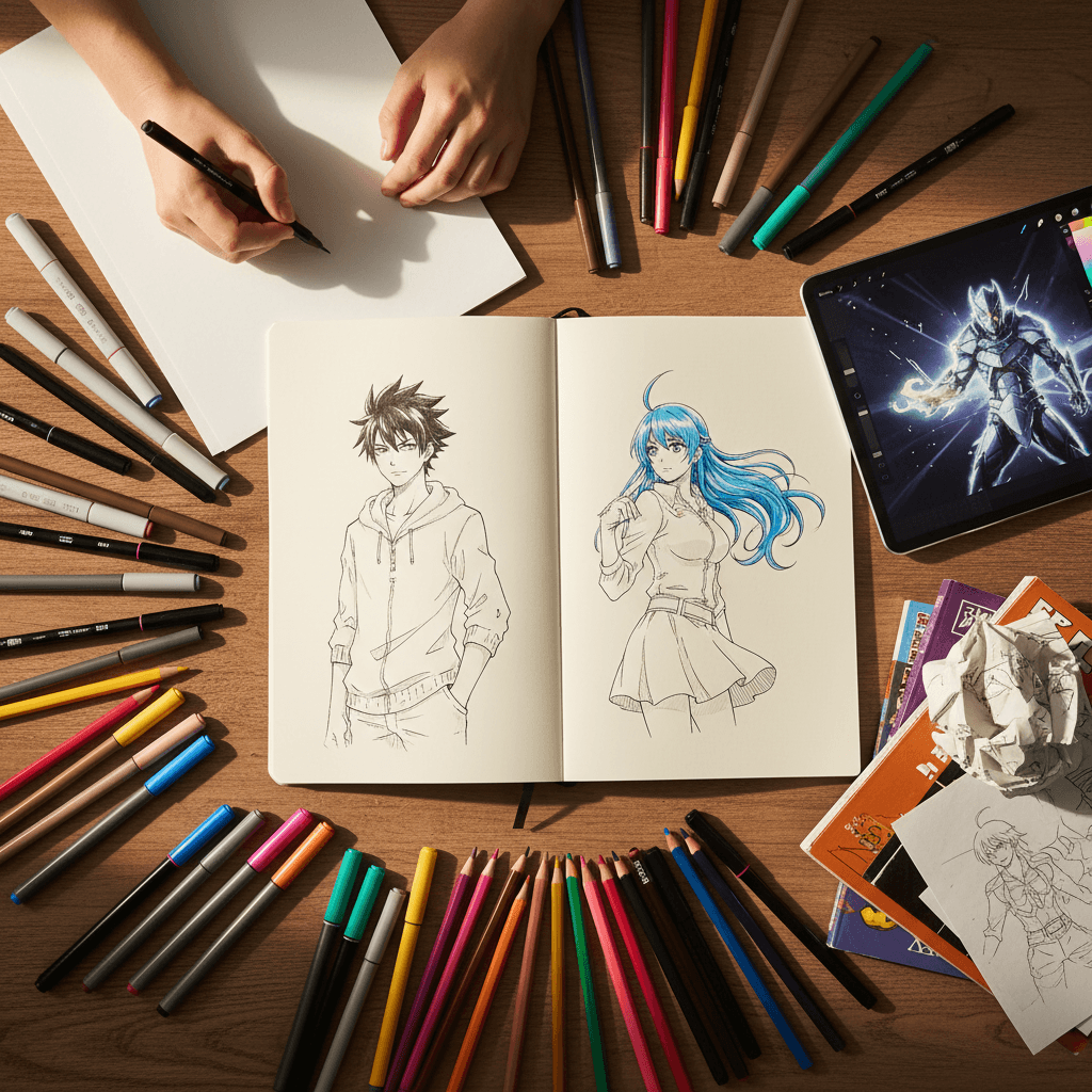 Manga panel workshop with partner artist in progress