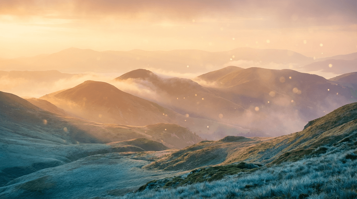 Samurai silhouette on misty hillside at dawn with cherry blossoms and golden sunrise