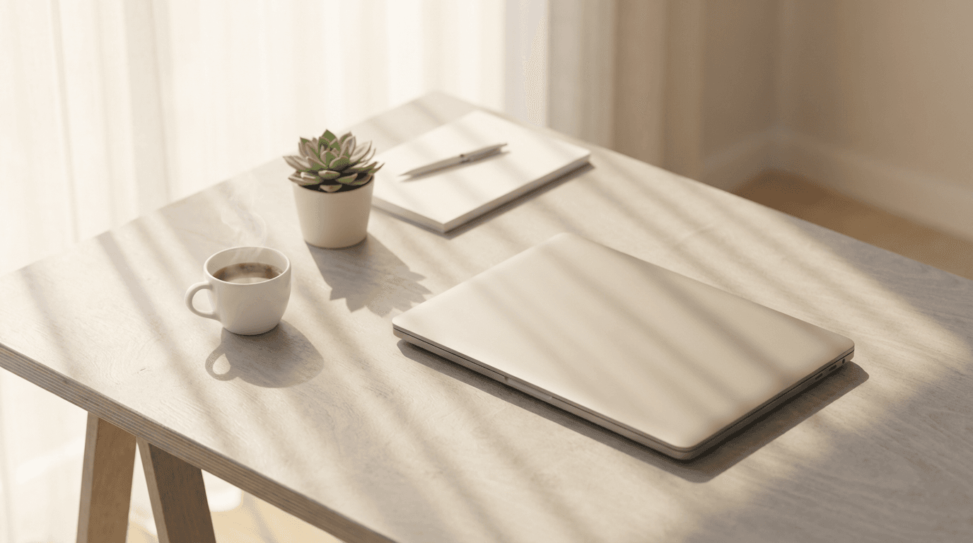 Open laptop on a wooden desk with a small plant beside it