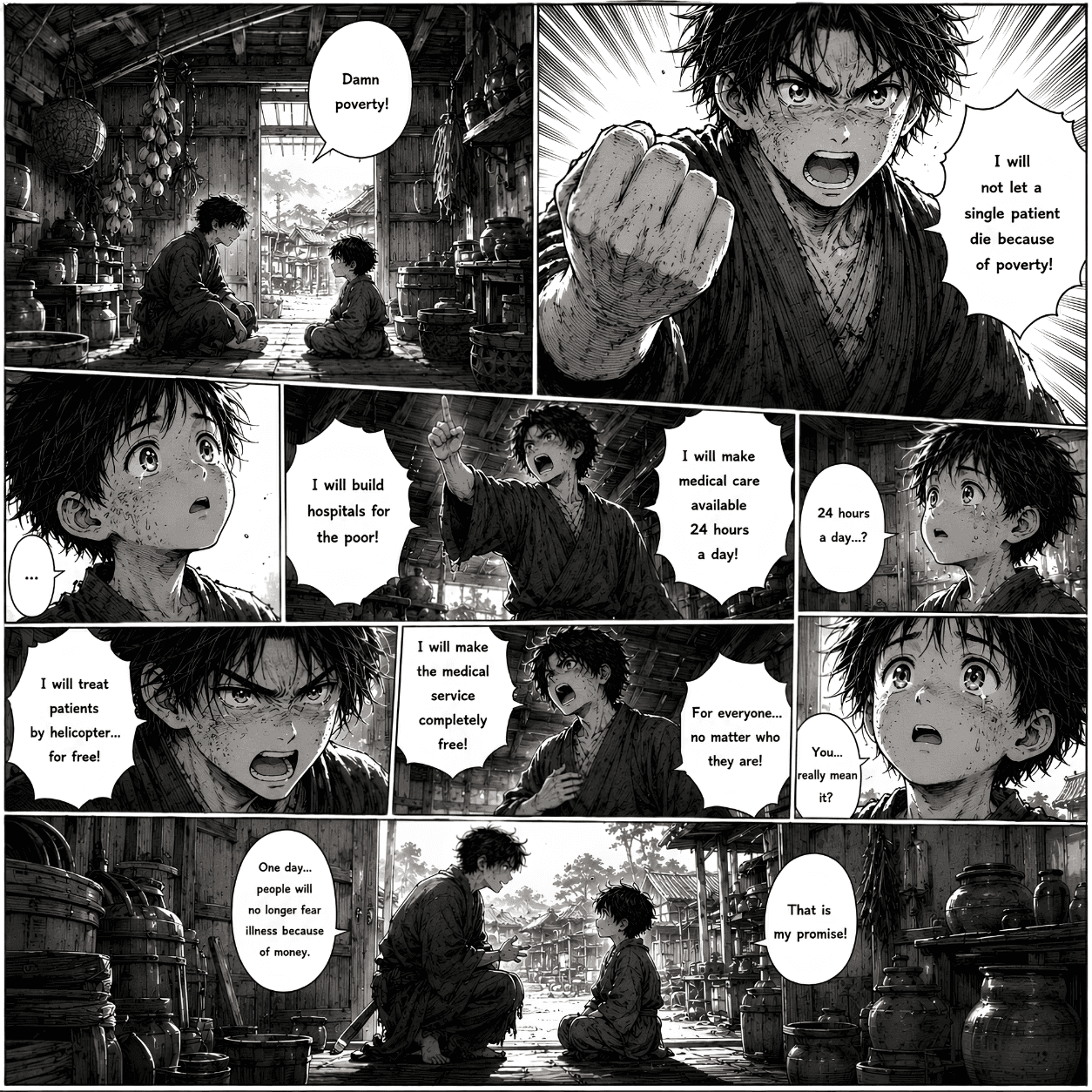 Black and white manga panels of a man promising a child free medical care.