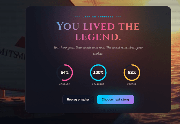 "Chapter Complete" screen with "You lived the legend" and stats for courage, learning, and effort.