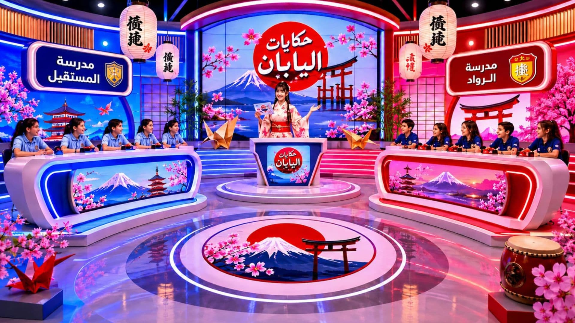 Host in kimono leads two teams of children on a vibrant Japanese-themed game show.