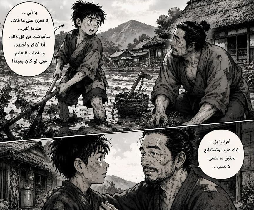 Manga panel of a boy and father talking while working in a muddy rice field.