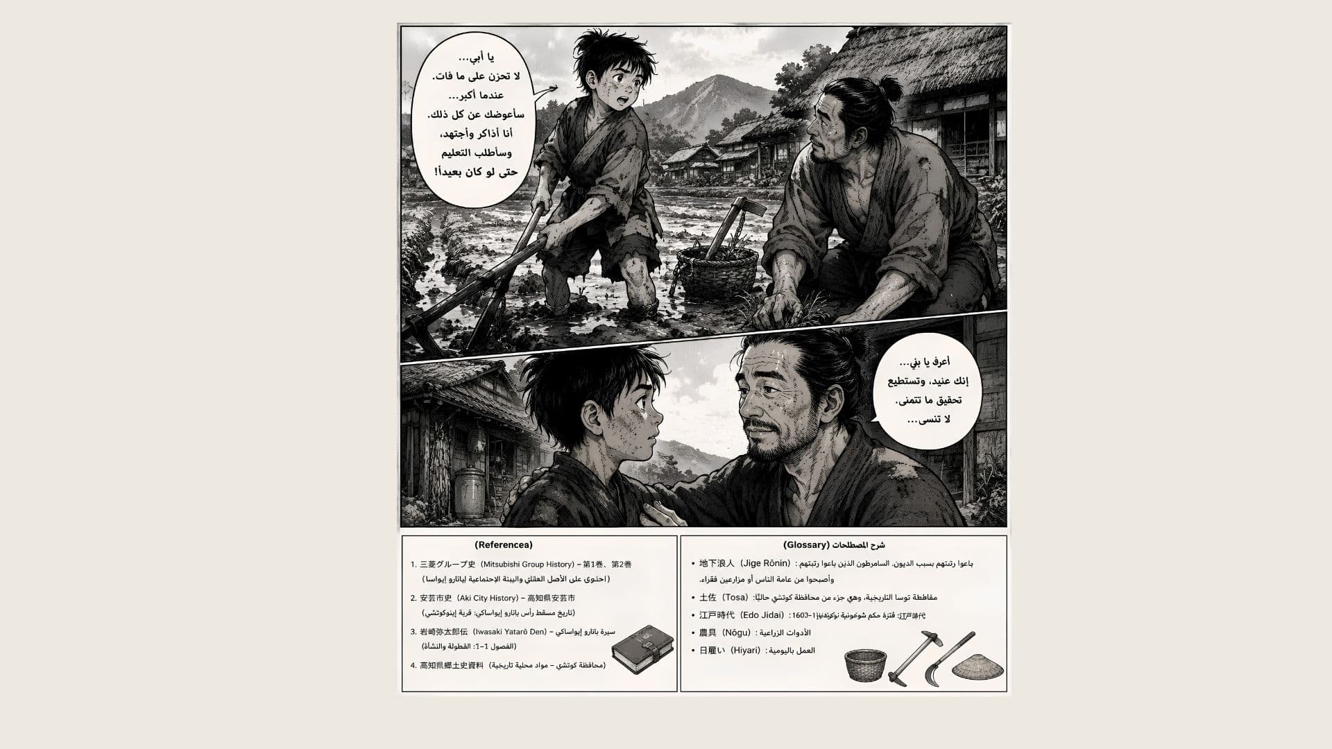 Manga panels of a father and son farming with Arabic dialogue and glossary text.